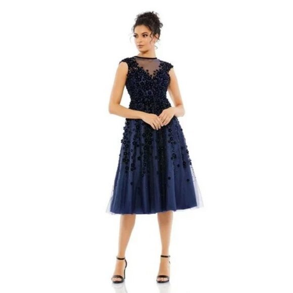 Mac Duggal Midnight Blue Floral Appliqué Sheer Yoke Cocktail Dress